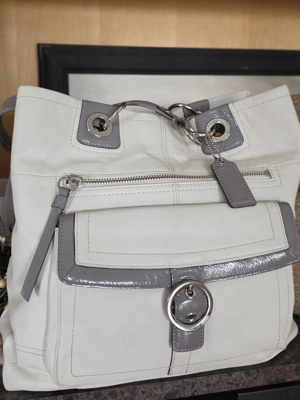 Coach White Leather Shoulder Bag with Gray Trim and Silver Hardware Penelope.